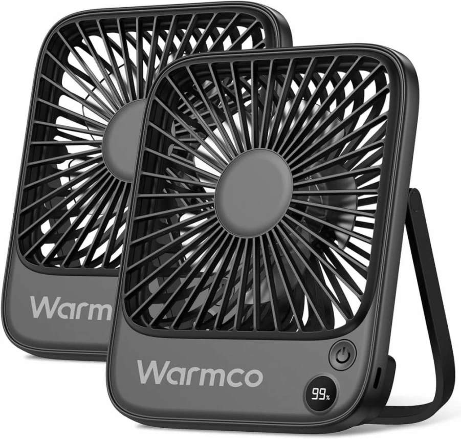 Warmco 2-Pack 5000mAh Rechargeable Portable Desk Fan, 4 Speed Quiet Personal Fan with 180° Tilt for Office, Camping, and Travel