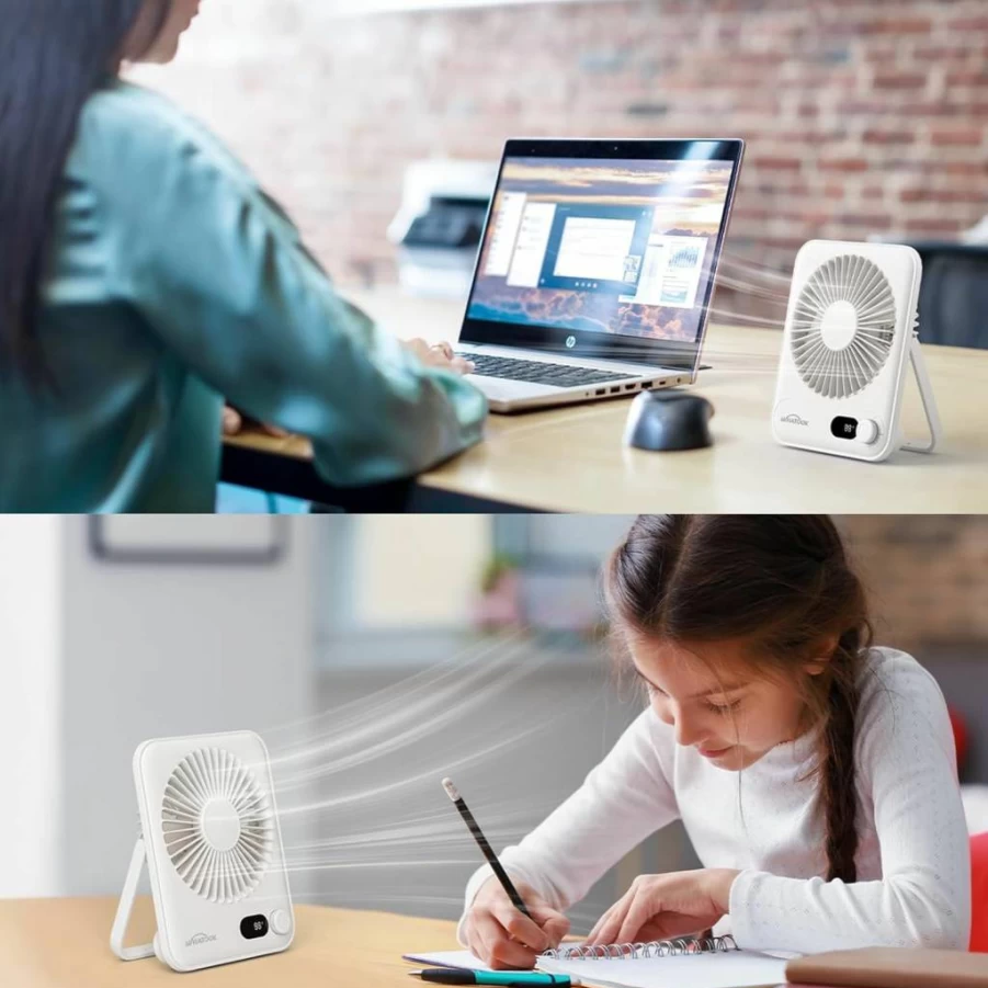 WHATOOK 5000mAh Portable Desk Fan - 25H Quiet USB Rechargeable Mini Fan for Office, Travel & Home Essentials