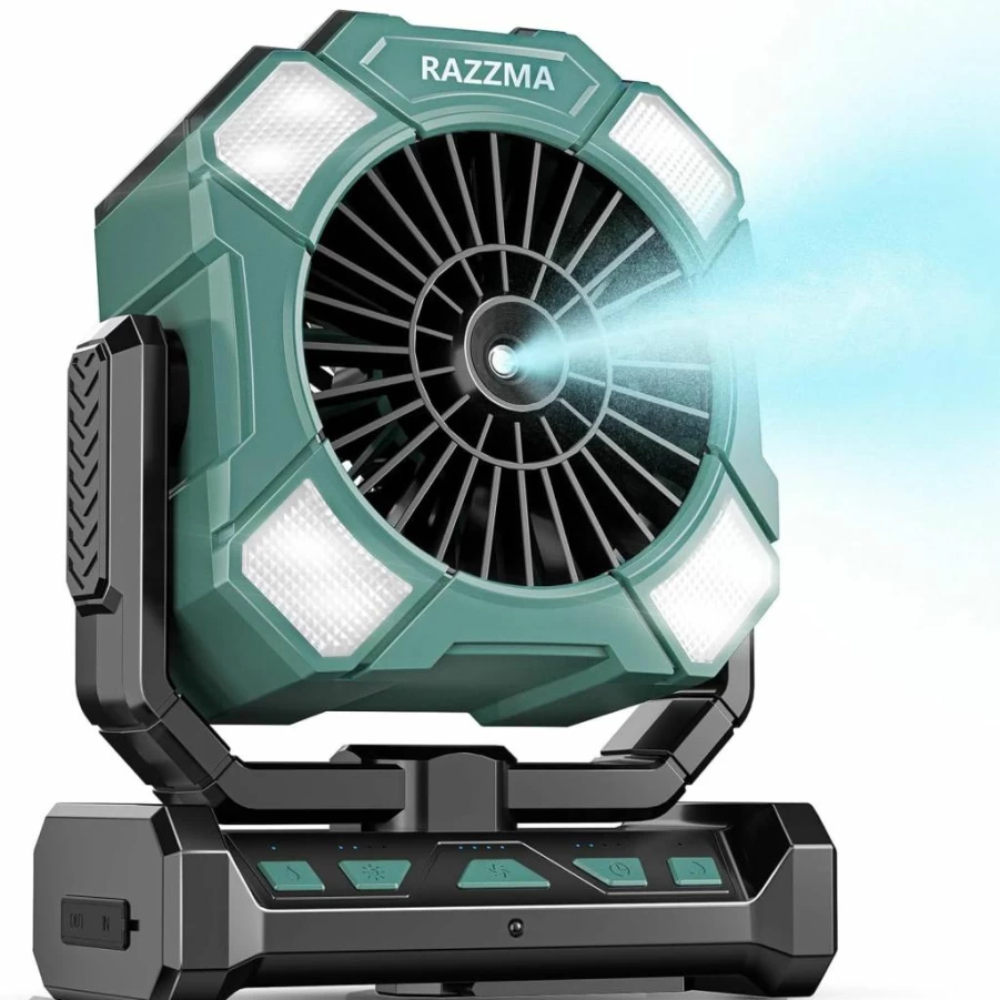 RAZZMA Portable Misting Fan with Remote - 24000mAh Rechargeable Battery, 270° Adjustable, Hanging & LED Light for Outdoor, Camping, Patio, Indoor Cooling
