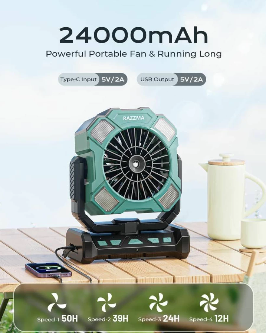 RAZZMA Portable Misting Fan with Remote - 24000mAh Rechargeable Battery, 270° Adjustable, Hanging & LED Light for Outdoor, Camping, Patio, Indoor Cooling