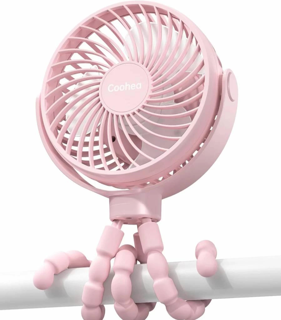 Coohea 4000mAh Rechargeable Stroller Fan with Flexible Tripod, 3 Speed Settings, 360° Rotation, Portable Clip On Fan for Baby Car Seat, Crib, Travel, Camping - Pink