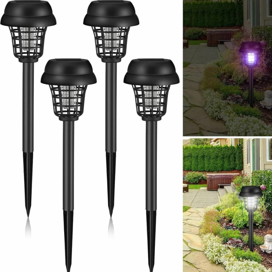 Qualirey 4-Pack Solar-Powered Bug Zapper & LED Light - Waterproof Outdoor/Indoor Mosquito Killer for Garden, Patio - Purple & White Light (Plastic, Black)
