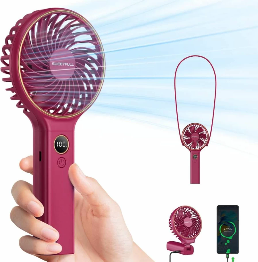 SWEETFULL Portable Handheld Fan with 5000mAh Rechargeable Battery, 6-Speed Adjustable LED Display, USB Foldable Mini Fan for Women, Travel, and Backup Power