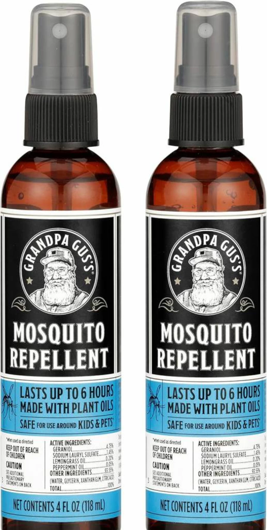 Grandpa Gus's Natural Mosquito Repellent Spray – DEET-Free, Plant-Based, Non-Greasy, No-Stain Formula, 4oz Twin Pack
