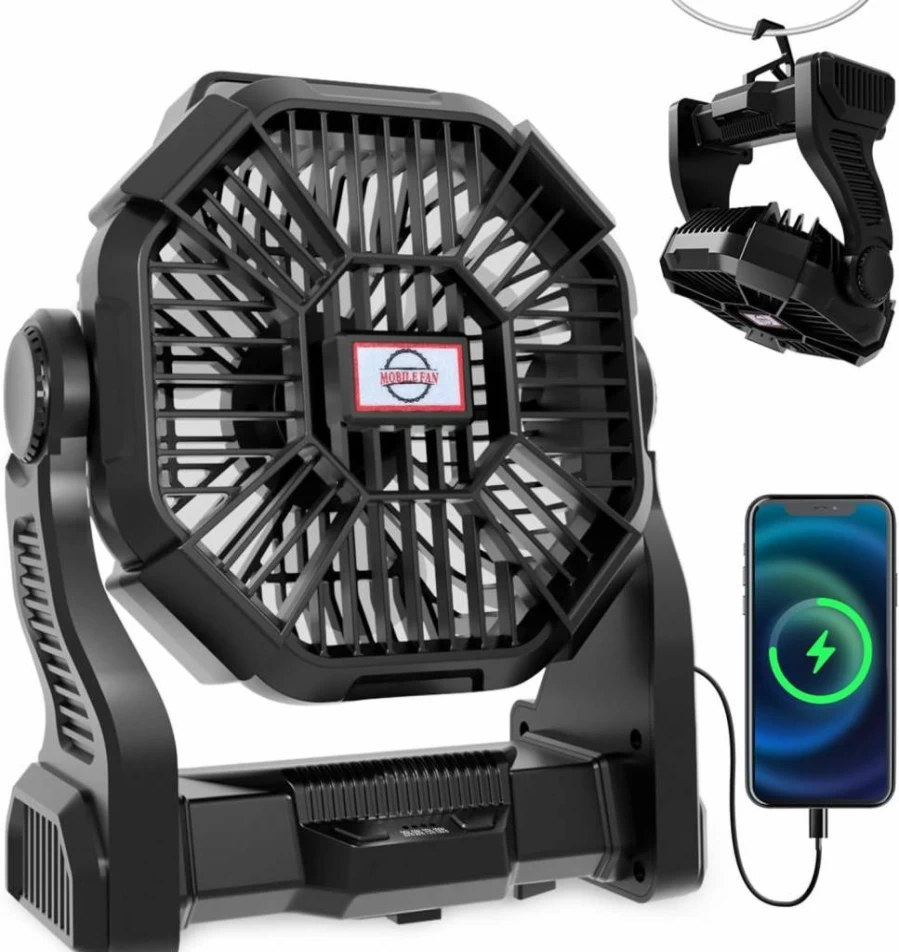 Eloslos 10-Inch Portable Rechargeable Camping Fan with LED Lantern, 270° Rotation, 36H Runtime, USB Quiet Cooling Fan for Tent, Travel, Home, Office