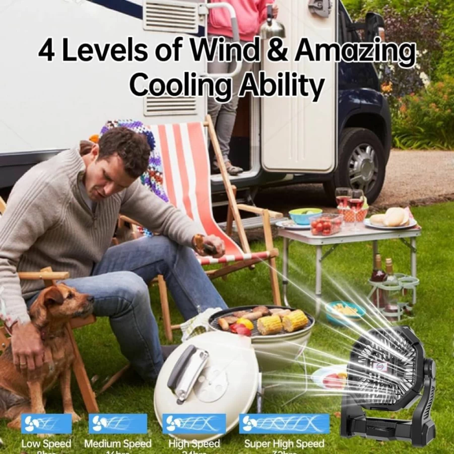 Eloslos 10-Inch Portable Rechargeable Camping Fan with LED Lantern, 270° Rotation, 36H Runtime, USB Quiet Cooling Fan for Tent, Travel, Home, Office