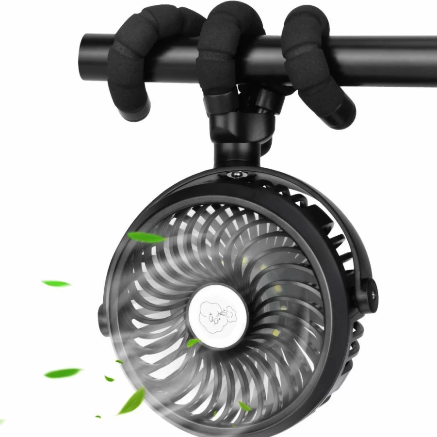 TDONE Portable Stroller Fan with 12 LED Lights - USB Rechargeable, Battery Operated Clip On Mini Fan for Baby, Camping, Travel, Home, Office (Black)