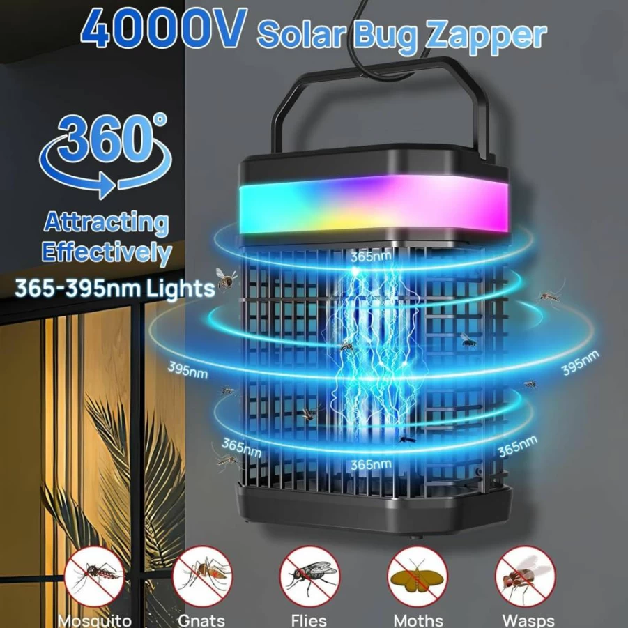 Zapguru Solar-Powered Mosquito Zapper – 4000V Electric Fly Trap, 5500mAh Rechargeable Battery, LED Light, Cordless & Portable for Outdoor, Patio, Camping, Home Use