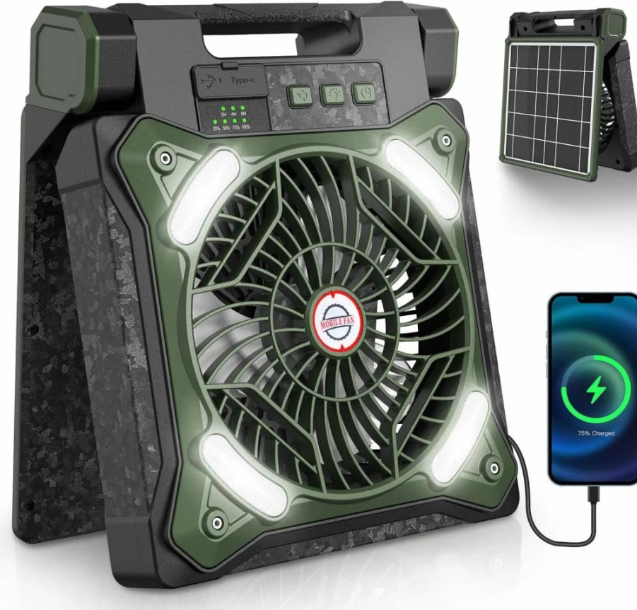Wivflow 20000mAh Portable Camping Fan with Solar Charging, Rechargeable Battery, 48H LED Lantern, 20H Runtime, 8H Timer, Adjustable for Outdoor, Picnic, Fishing, Hurricane
