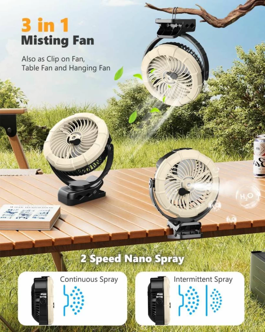 Ausic 3-in-1 Clip On Desk Fan with Misting, LED Light, 5200mAh Battery, 360° Rotation, 3 Speeds for Outdoor, Travel, Camping, Stroller, Golf Cart