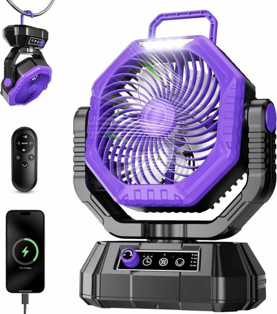 AJVV Portable Rechargeable Fan with LED Light, Remote Control, 20000mAh Battery, Dual-Blade, 90°/270° Swing, 1-3H Timer for Camping, Travel, Office, and Bedroom