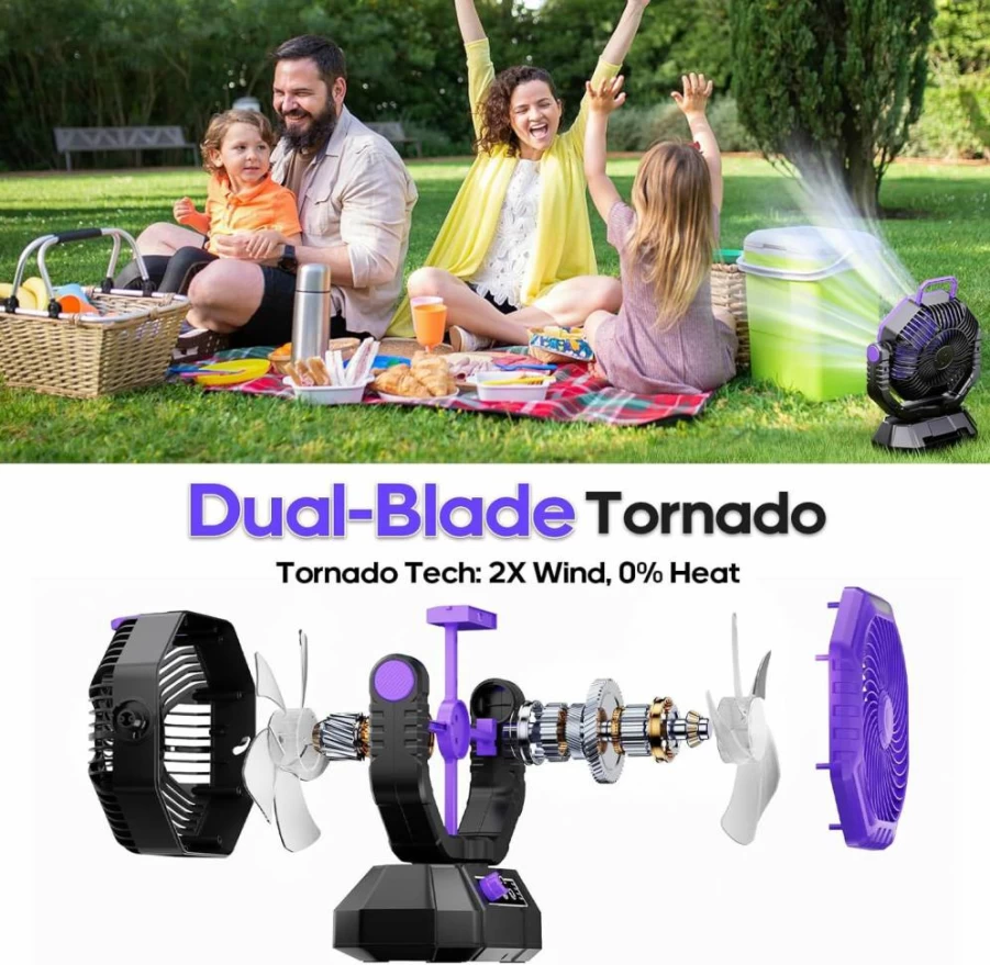 AJVV Portable Rechargeable Fan with LED Light, Remote Control, 20000mAh Battery, Dual-Blade, 90°/270° Swing, 1-3H Timer for Camping, Travel, Office, and Bedroom