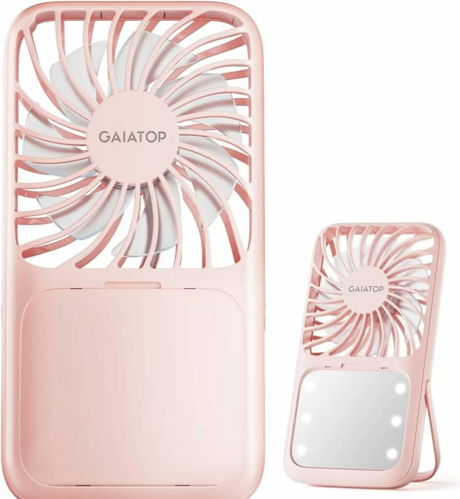 Gaiatop Rechargeable Portable Handheld Fan with Folding Stand, 3-Speed LED Makeup Mirror Light, Mini Personal Cooling Fan for Women, Girls - Pink Travel Essential Gift