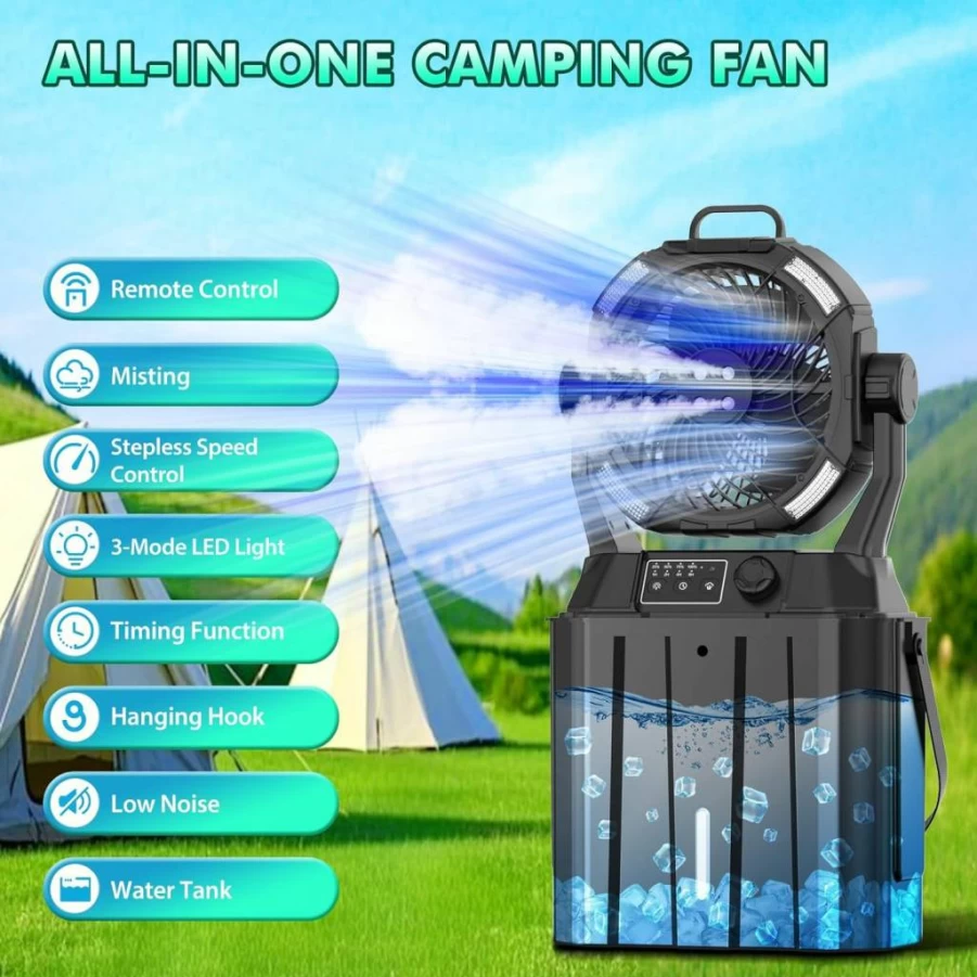 Wilody 42800mAh Portable Misting Fan with Remote, 6L Water Bucket, 3 LED Lights, Stepless Speed, Timer, Rotating Hook for Camping & Outdoor