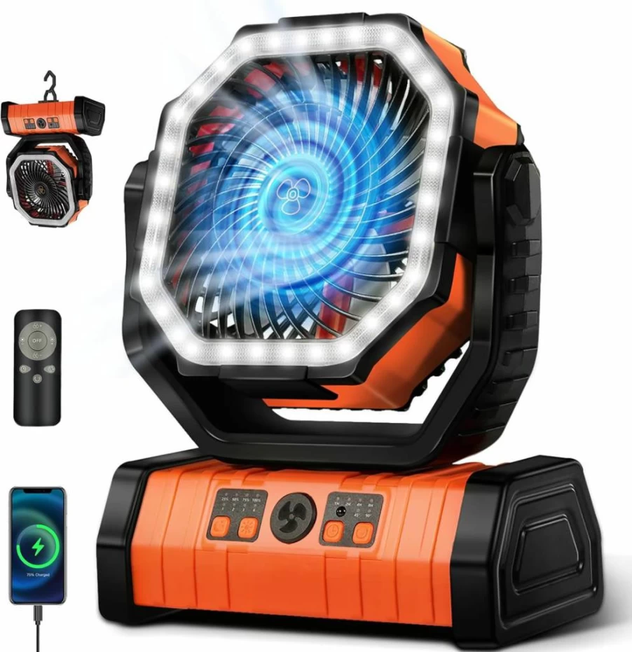 YOGIN 20000mAh Portable Rechargeable Battery Fan - 360° Adjustable Head, 4 Speed Settings, LED Light, Ultra Quiet for Camping, Tent, Desk, Travel & Home Use