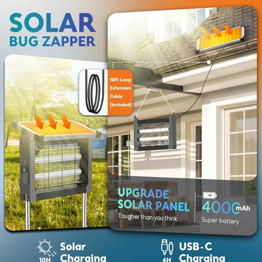 PhatroyYee 4500V Solar-Powered Bug Zapper – Waterproof, Rechargeable Outdoor Mosquito Killer for Patio, Garden, Yard, and Camping