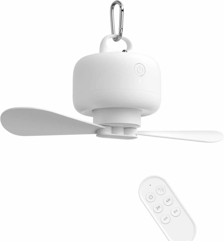JISULIFE Portable Camping Fan with 8000mAh Battery, Remote Control, 4 Speed Settings, Detachable Blades, Hanging Hook, and Timer for Outdoor, Tent, Dorm - White