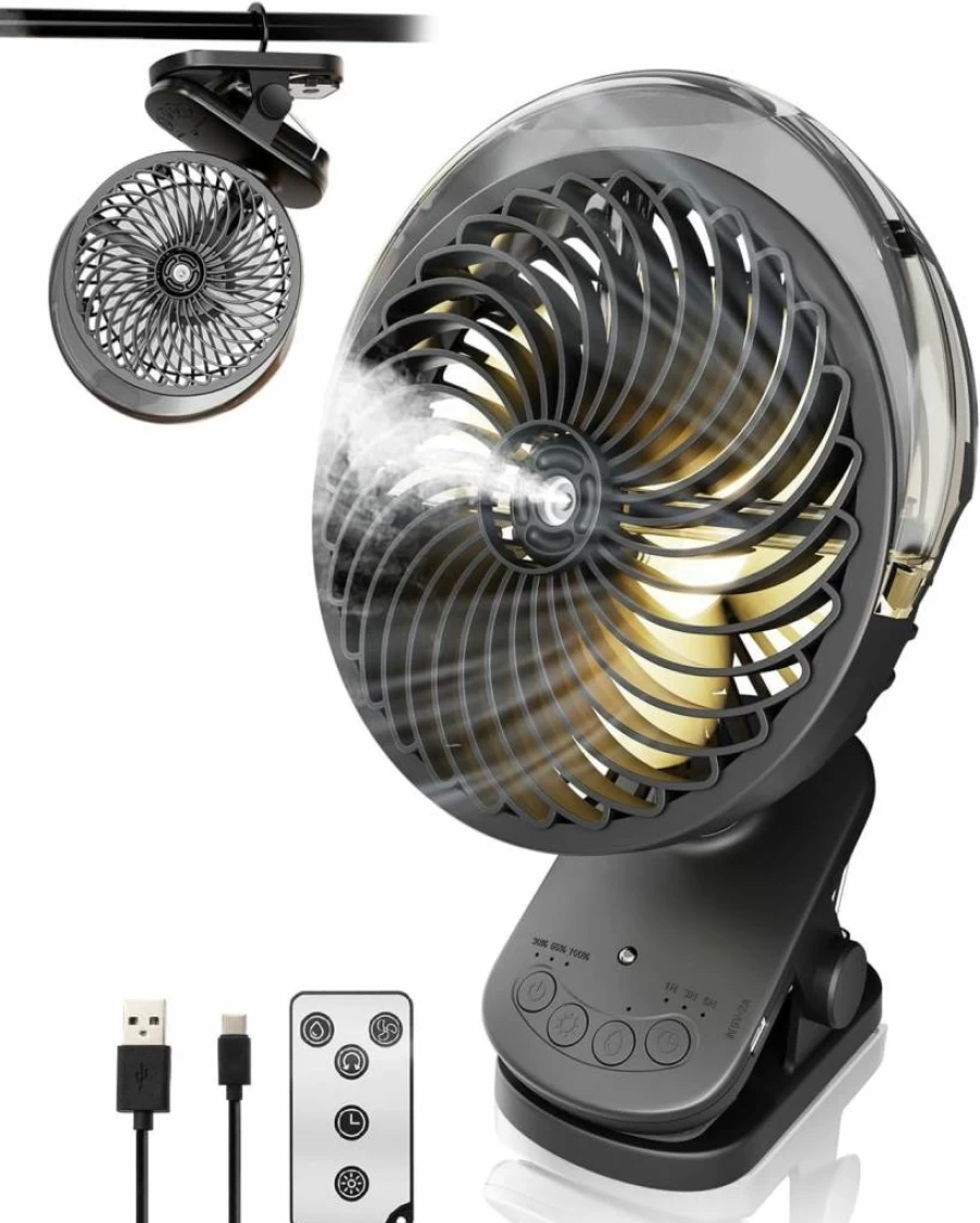 LiangJJ 6-Inch Clip On Fan with Mist, LED Light, 8000mAh USB Rechargeable Battery, 45H Runtime, Remote Control, Ultra-Quiet Oscillating Desk Fan for Office, Camping, Golf Cart, Stroller - Black