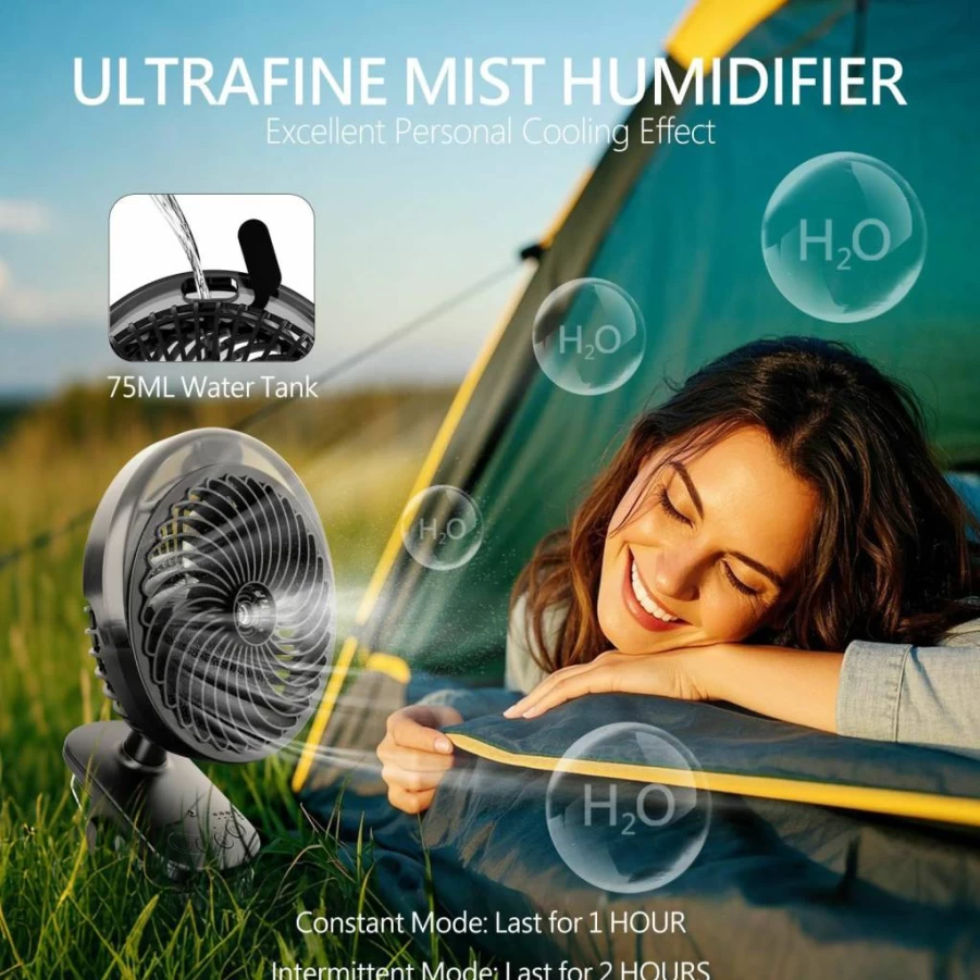 LiangJJ 6-Inch Clip On Fan with Mist, LED Light, 8000mAh USB Rechargeable Battery, 45H Runtime, Remote Control, Ultra-Quiet Oscillating Desk Fan for Office, Camping, Golf Cart, Stroller - Black