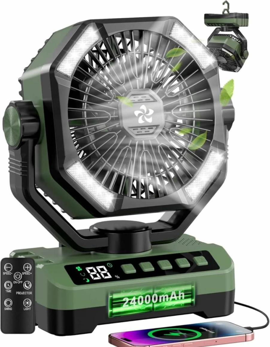 Doviluxe Rechargeable Camping Fan with Starlight LED, 24000mAh Battery, 5 Speed, Remote Control, Timer, Hook - Portable Tent Fan for Outdoor, Power Outage, Fishing, Desk Use