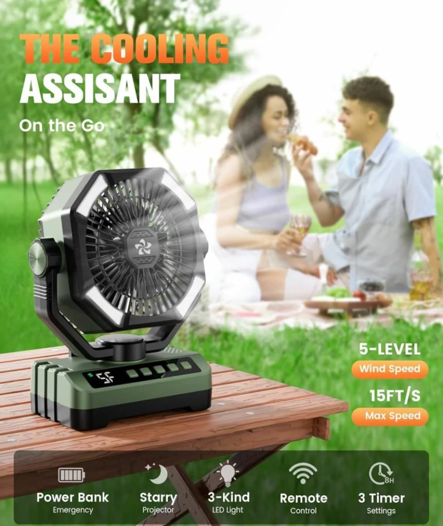 Doviluxe Rechargeable Camping Fan with Starlight LED, 24000mAh Battery, 5 Speed, Remote Control, Timer, Hook - Portable Tent Fan for Outdoor, Power Outage, Fishing, Desk Use