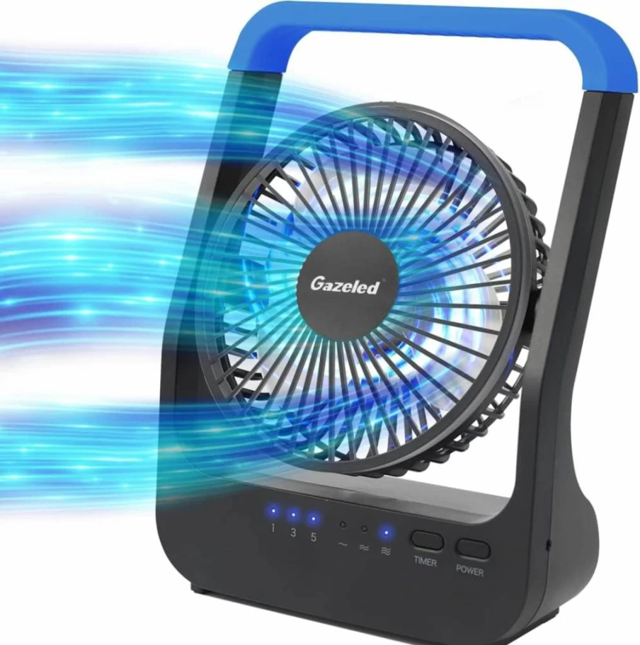 Gazeled 5" Portable Battery Operated Fan - 3 Speed Quiet D-Cell Camping Fan with 180° Rotation & Timer for Office, Bedroom, Outdoor - Long Lasting Blue Desk Fan