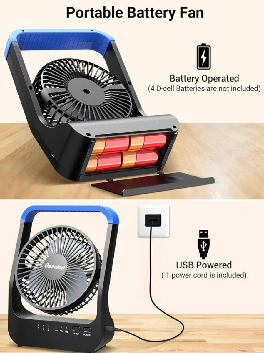 Gazeled 5" Portable Battery Operated Fan - 3 Speed Quiet D-Cell Camping Fan with 180° Rotation & Timer for Office, Bedroom, Outdoor - Long Lasting Blue Desk Fan
