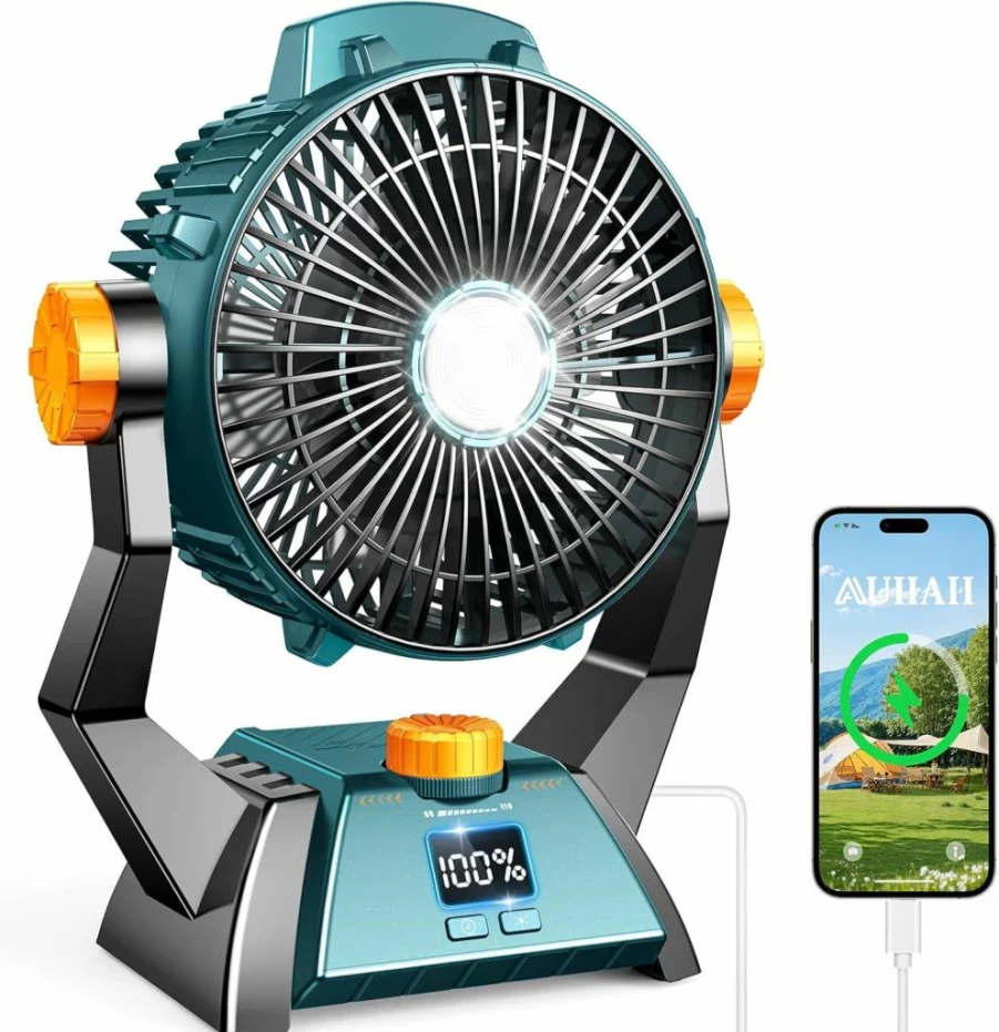 AUIIAH Rechargeable Camping Fan with LED Light - Portable Battery Powered Tent Fan, 360° Hanging Hook, Power Display, Timer, Ultra Quiet USB Fan for Home Office Fishing Travel Outdoor