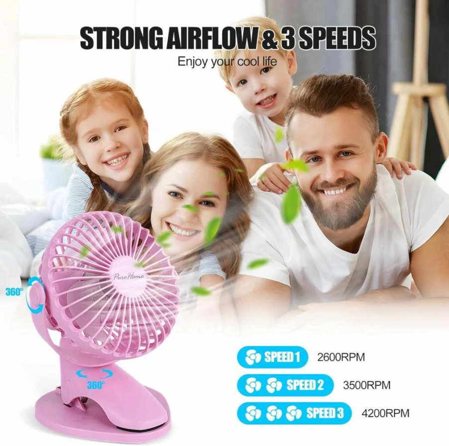 PureHome Portable Clip Fan - USB Rechargeable, 3 Speed Mini Desk Fan with 360° Rotation, Ultra Quiet Strong Airflow for Office, Bedroom, Dorm, Camping (Pink)