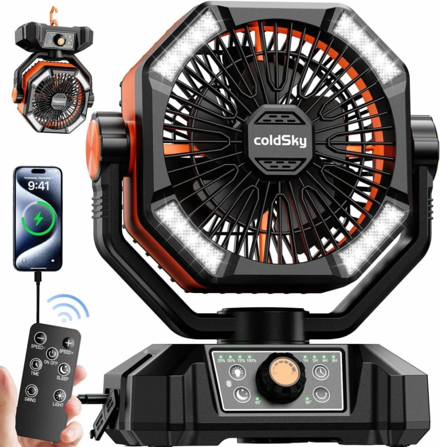 ColdSky Portable Camping Fan with LED Lantern - 8-Speed Battery Operated Desk Fan, Remote Control, Hook for Tent, Outdoor, Power Outages, and Jobsite Use