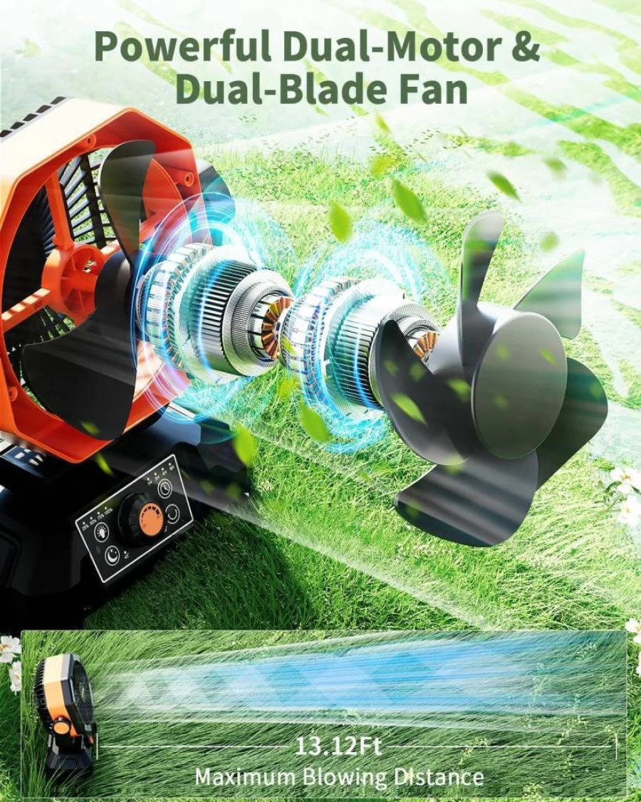 ColdSky Portable Camping Fan with LED Lantern - 8-Speed Battery Operated Desk Fan, Remote Control, Hook for Tent, Outdoor, Power Outages, and Jobsite Use