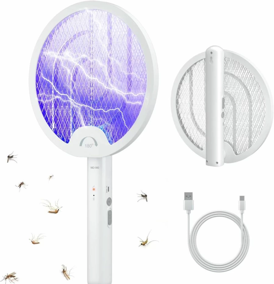 VLISBO Electric Fly Swatter & Bug Zapper - 4000V Rechargeable Mosquito Killer with 1200mAh Battery for Indoor, Outdoor, Camping - White (1 Pack)