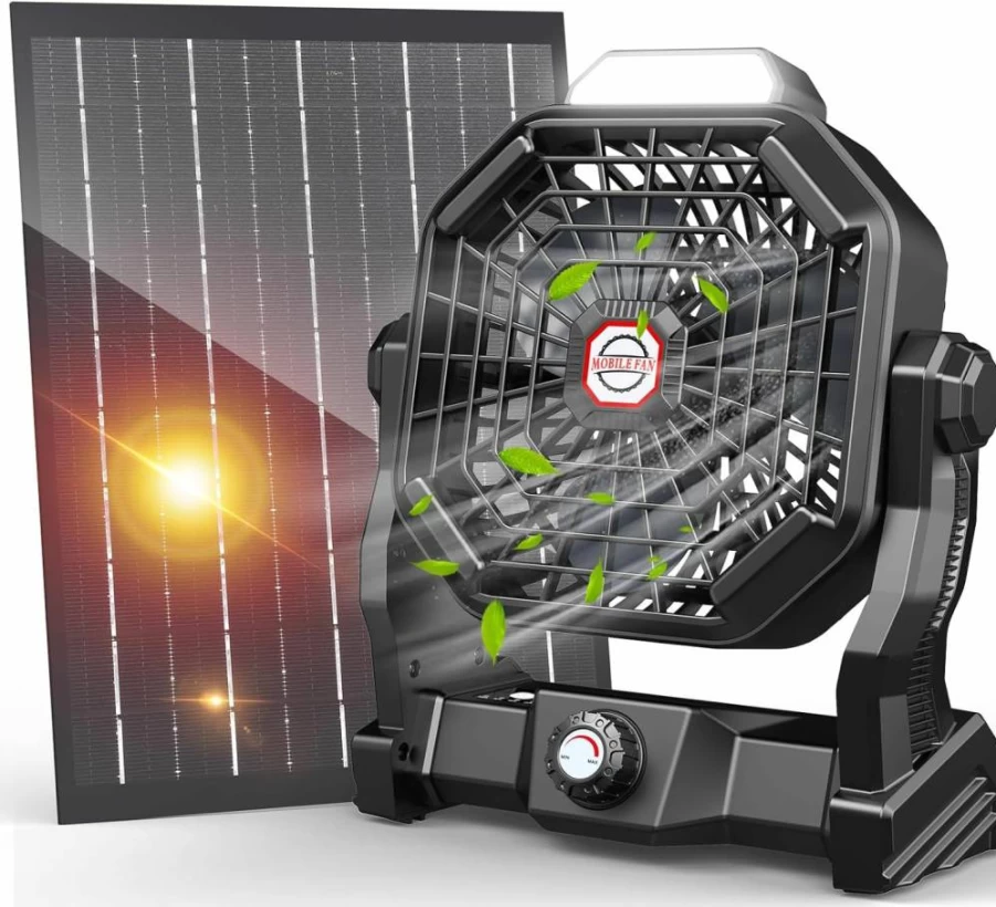 Drchop 20000mAh Solar Powered Camping Fan with 7W Solar Panel, 9-Inch Rechargeable Outdoor Fan with LED Lantern, Stepless Speed, Quiet Operation for Tent, BBQ, and Portable Use