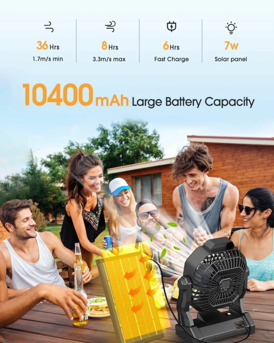 Drchop 20000mAh Solar Powered Camping Fan with 7W Solar Panel, 9-Inch Rechargeable Outdoor Fan with LED Lantern, Stepless Speed, Quiet Operation for Tent, BBQ, and Portable Use