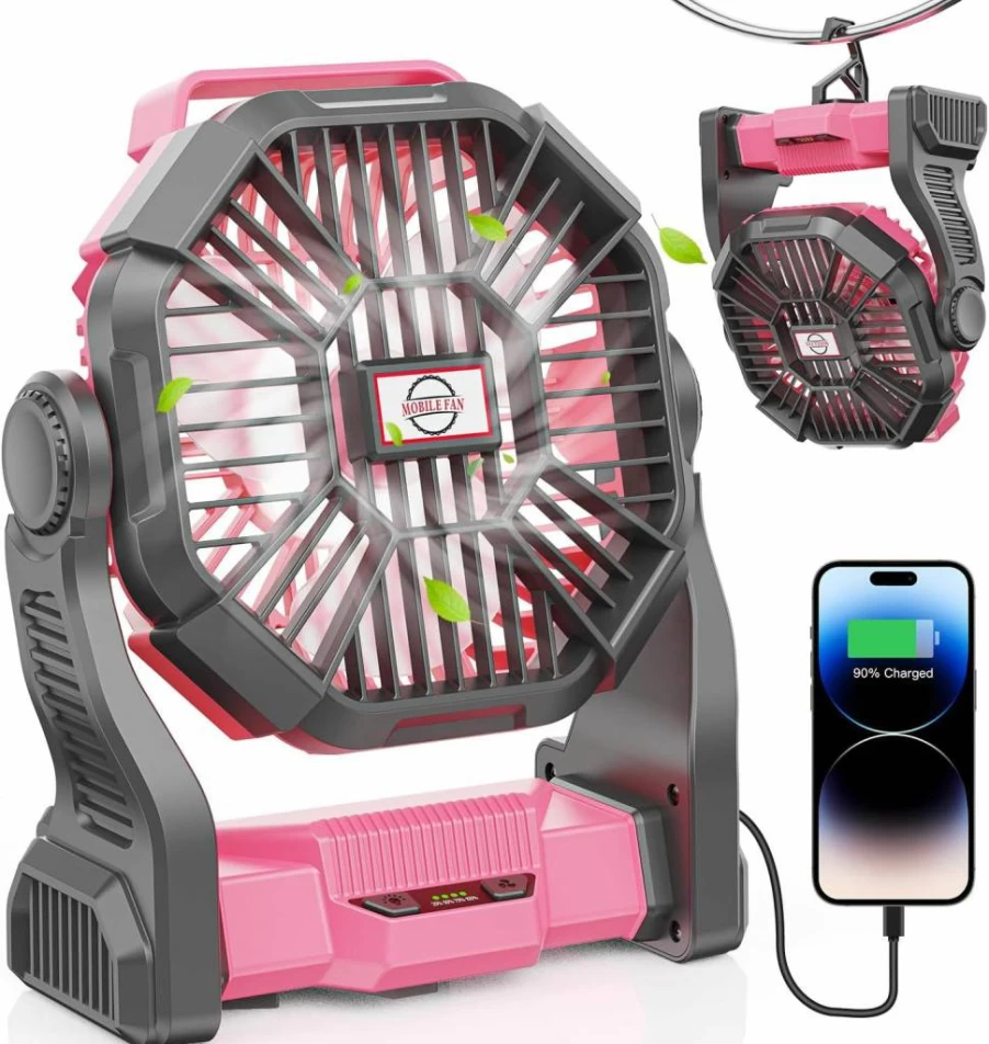 DOWILLDO Pink 20000mAh Portable Camping Fan with LED Lantern, Rechargeable Battery Powered Table Fan with Hook for Outdoor, Picnic, Fishing, Car, Hurricane Power Outages