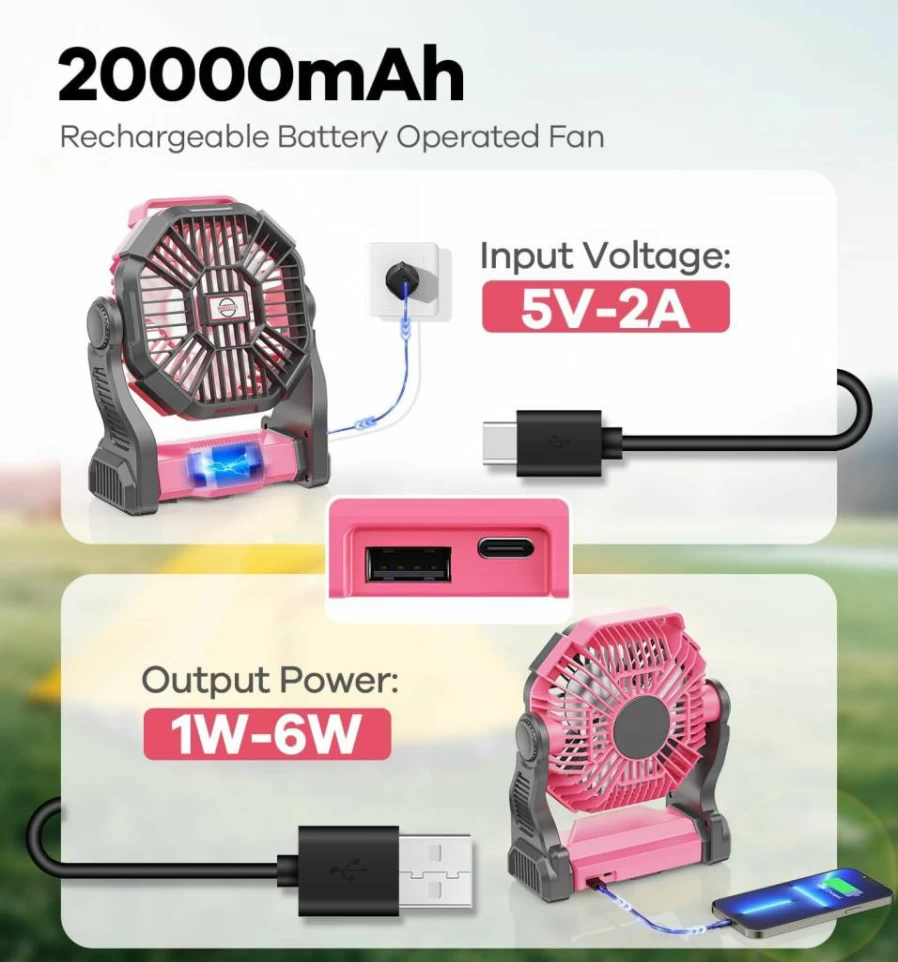 DOWILLDO Pink 20000mAh Portable Camping Fan with LED Lantern, Rechargeable Battery Powered Table Fan with Hook for Outdoor, Picnic, Fishing, Car, Hurricane Power Outages
