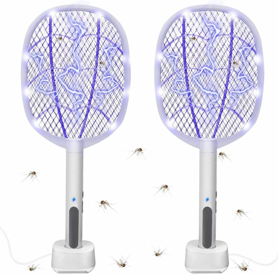 Phosooy Electric Fly Swatter - 3000V High Voltage Bug Zapper, 2-in-1 Portable Mosquito Killer for Indoor & Outdoor Use with 3-Layer Safety Mesh, Handheld Insect Light Trap (2 Pack)