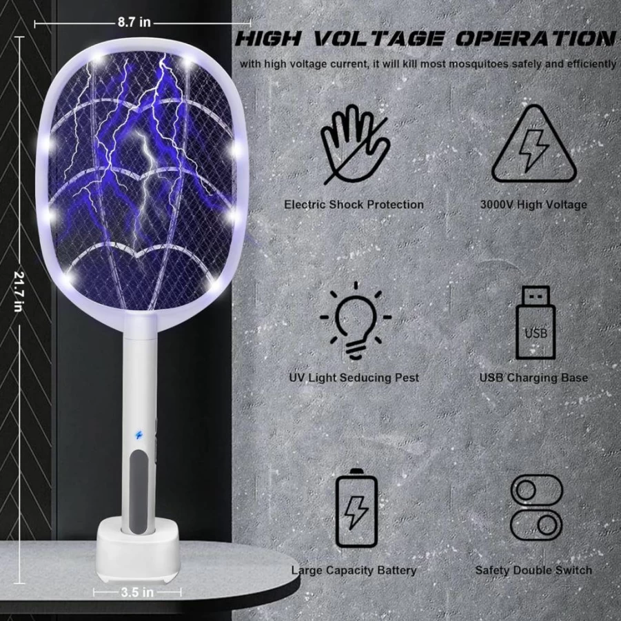 Phosooy Electric Fly Swatter - 3000V High Voltage Bug Zapper, 2-in-1 Portable Mosquito Killer for Indoor & Outdoor Use with 3-Layer Safety Mesh, Handheld Insect Light Trap (2 Pack)