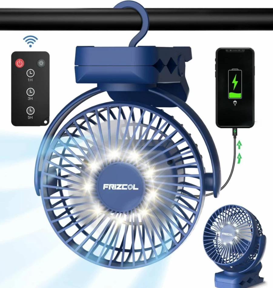 FRIZCOL Portable Clip On Fan - 12000mAh USB Rechargeable, 65H Runtime, LED Lights, Adjustable Clamp & Hook for Camping, Desk, Tent, Treadmill, Stroller, Golf Cart, Home Office