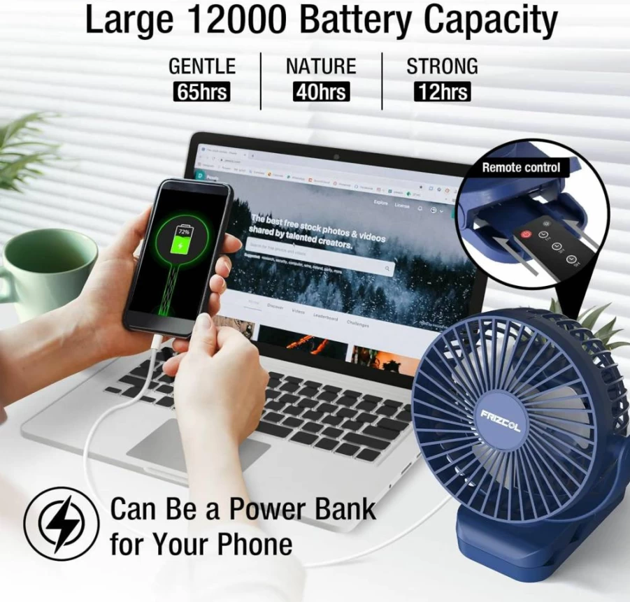 FRIZCOL Portable Clip On Fan - 12000mAh USB Rechargeable, 65H Runtime, LED Lights, Adjustable Clamp & Hook for Camping, Desk, Tent, Treadmill, Stroller, Golf Cart, Home Office