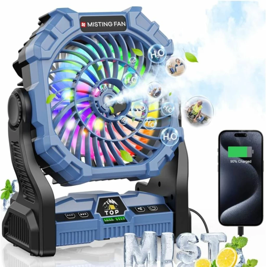DOWILLDO Portable Misting Fan with RGB Lantern - 30000mAh Rechargeable Camping Fan, Emergency Power Bank, Cooling Mister for Outdoor, Travel, and Hurricane Supplies