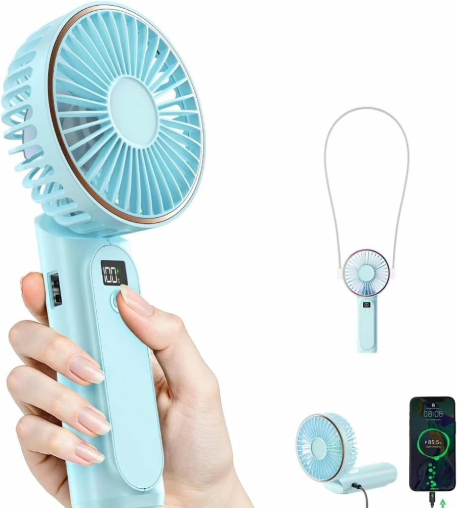 TUNISE Portable Handheld Fan with 4000mAh USB Rechargeable Battery, 6 Speed Adjustable Cooling, 180° Foldable Design, Real-Time Power Display for Indoor & Outdoor Use