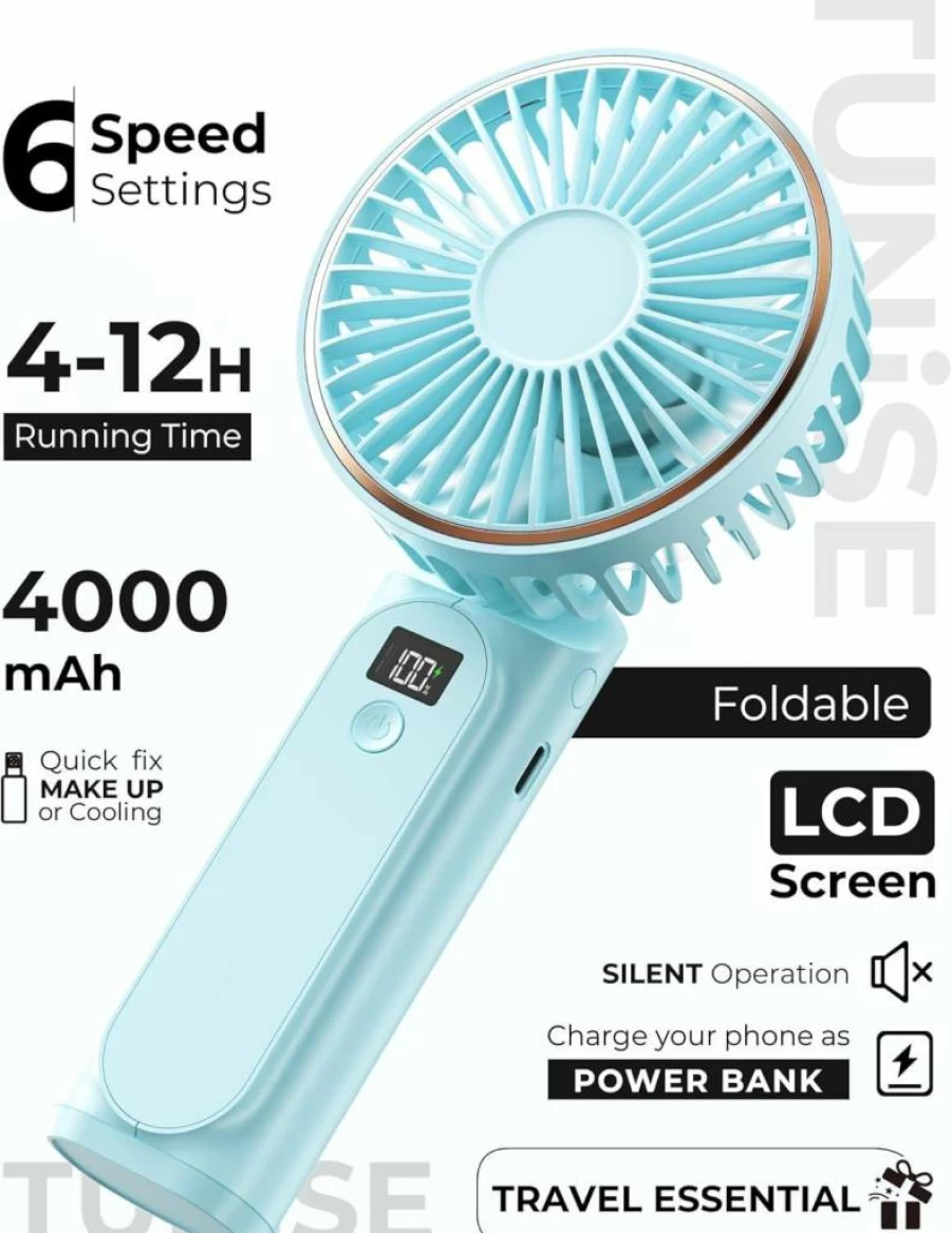 TUNISE Portable Handheld Fan with 4000mAh USB Rechargeable Battery, 6 Speed Adjustable Cooling, 180° Foldable Design, Real-Time Power Display for Indoor & Outdoor Use