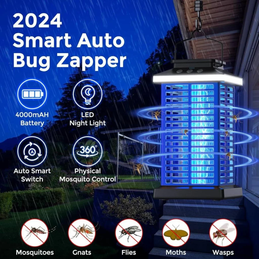 KOOSA Rechargeable Bug Zapper Outdoor - 4000V Mosquito Killer with 4000mAh Battery, LED Night Light, Portable Electric Fly Zapper for Patio, Backyard, Garden, Camping