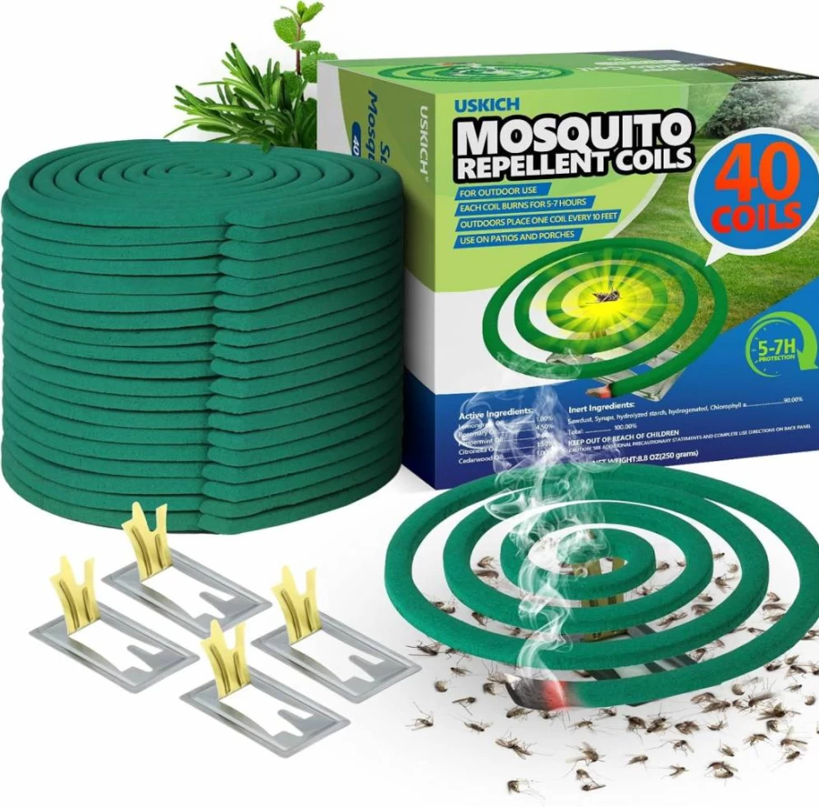 USKICH Mosquito Repellent Coils - 40 Coils & 4 Stands, Outdoor Patio Insect Repellent, Long-Lasting 5-7 Hour Burn Time, 10 Feet Protection, Fresh Scent