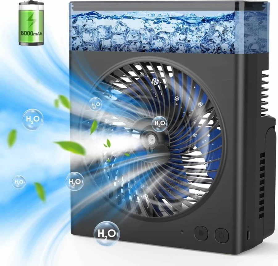 Drchop 8-Inch Portable Misting Fan with 8000mAh Rechargeable Battery, 600mL Water Tank, Quiet Cooling Spray Fan for Home, Office, Camping, and Patio Use