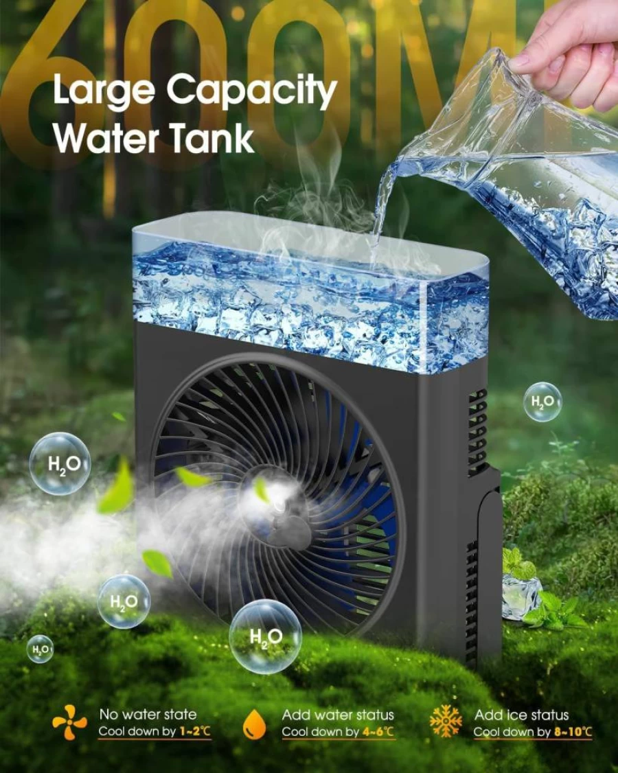 Drchop 8-Inch Portable Misting Fan with 8000mAh Rechargeable Battery, 600mL Water Tank, Quiet Cooling Spray Fan for Home, Office, Camping, and Patio Use
