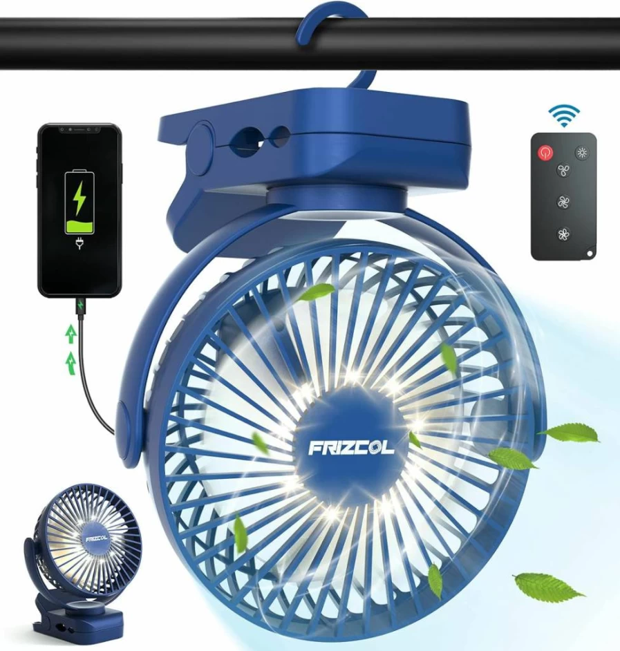 FRIZCOL Clip On Rechargeable Desk Fan with LED Lights - 12000mAh Battery, 65 Hours Runtime, Portable Mini Fan for Travel, Camping, Tents, Golf Carts & Strollers