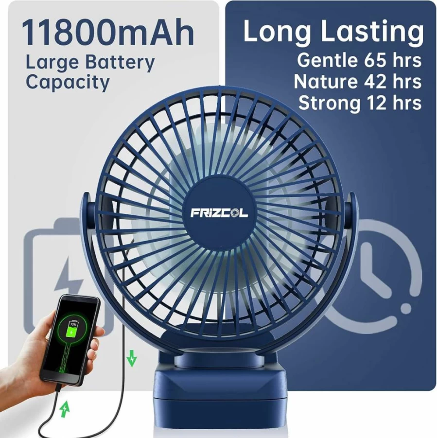 FRIZCOL Clip On Rechargeable Desk Fan with LED Lights - 12000mAh Battery, 65 Hours Runtime, Portable Mini Fan for Travel, Camping, Tents, Golf Carts & Strollers