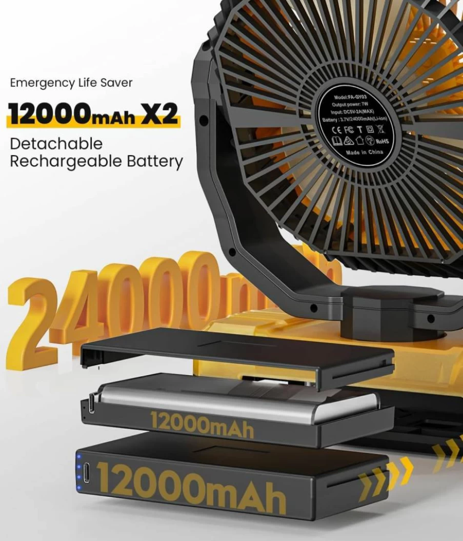 Korbot 3-in-1 Portable Camping Fan with Detachable 24000mAh Battery, LED Light, Remote Control, 4 Speeds - for Tent, Office, Jobsite, Workshop, and Travel